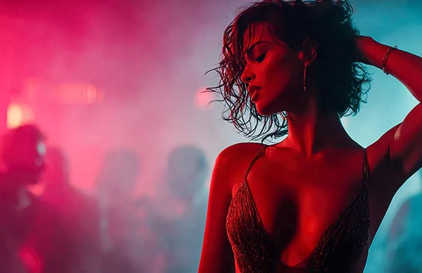 Dancer in red light at Déjà Vu Showgirls