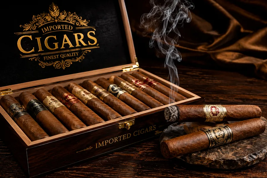 Box of imported cigars on the heated smoking patio at Déjà Vu