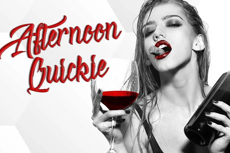 Afternoon Quickie — MILF Saturdays artwork with red script lettering, a woman with red lips, a cork in her teeth, and a glass of red wine at Déjà Vu Minneapolis